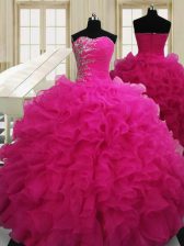  Floor Length Zipper 15 Quinceanera Dress Hot Pink for Military Ball and Sweet 16 and Quinceanera with Beading