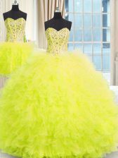 Superior Three Piece Ball Gowns Quinceanera Dress Yellow Strapless Tulle Sleeveless Floor Length Lace Up