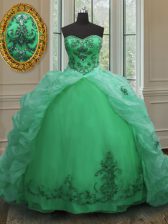 Clearance Sweetheart Sleeveless Quinceanera Gown With Train Court Train Beading and Appliques and Pick Ups Green Organza