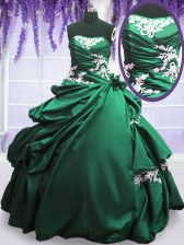 High End Sleeveless Taffeta Floor Length Lace Up 15 Quinceanera Dress in Green and Dark Green with Appliques and Pick Ups
