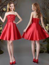  Mini Length Lace Up Dama Dress for Quinceanera Red for Prom and Party with Appliques and Bowknot