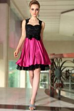  Straps Sleeveless Prom Evening Gown Knee Length Beading Pink And Black Satin