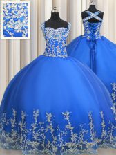 Best Blue Ball Gowns Straps Sleeveless Tulle Floor Length Lace Up Beading and Appliques 15 Quinceanera Dress