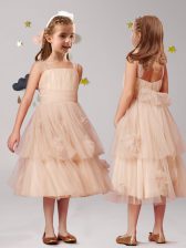 Admirable Champagne Straps Neckline Appliques and Ruffles and Bowknot Flower Girl Dresses Sleeveless Zipper