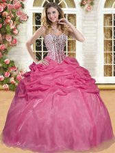 Deluxe Coral Red Lace Up Sweetheart Beading and Pick Ups Quinceanera Dresses Organza Sleeveless
