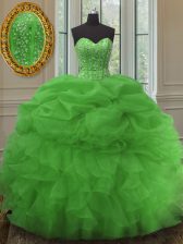Classical Green Sleeveless Floor Length Beading and Ruffles and Pick Ups Lace Up Quince Ball Gowns
