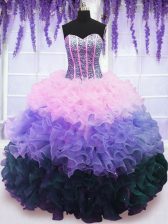 Romantic Multi-color Organza Lace Up Quinceanera Gown Sleeveless Floor Length Beading and Ruffles and Ruffled Layers