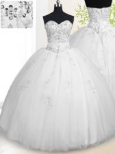  Sleeveless Tulle Floor Length Lace Up Ball Gown Prom Dress in White with Beading and Appliques