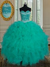 Noble Turquoise Ball Gowns Sweetheart Sleeveless Organza Floor Length Lace Up Beading and Ruffles 15th Birthday Dress