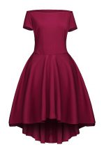  Burgundy Short Sleeves Tea Length Ruching Side Zipper Prom Dress