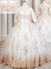  Scoop Half Sleeves Beading and Lace and Appliques Zipper Vestidos de Quinceanera with White Court Train