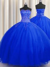 Fancy Puffy Skirt Royal Blue Tulle Lace Up Sweetheart Sleeveless Floor Length Sweet 16 Dress Beading