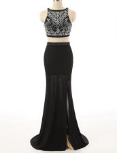  Scoop Sleeveless Chiffon With Brush Train Zipper Prom Dresses in Black with Beading