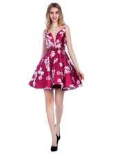  V-neck Sleeveless Prom Gown Knee Length Pattern Multi-color Satin