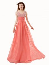  Watermelon Red Empire V-neck Sleeveless Chiffon Floor Length Side Zipper Beading Prom Gown