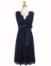 Low Price A-line Prom Dress Navy Blue V-neck Lace Sleeveless Knee Length Zipper