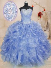 Sweet Sleeveless Organza Floor Length Zipper Sweet 16 Dress in Light Blue with Beading and Ruffles