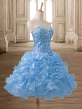 Pretty Blue A-line Beading and Ruffles Dress for Prom Lace Up Organza Sleeveless Mini Length