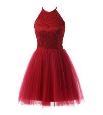  Scoop Wine Red Sleeveless Beading Knee Length Prom Evening Gown