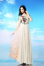  White Column/Sheath Chiffon Scoop Sleeveless Appliques and Ruching and Pattern Ankle Length Side Zipper Prom Evening Gown