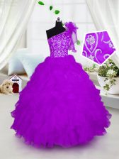 Elegant Fuchsia One Shoulder Neckline Appliques and Ruffles Girls Pageant Dresses Short Sleeves Lace Up