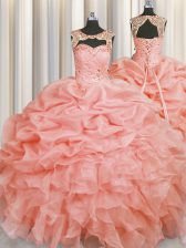  Scoop Floor Length Lace Up Ball Gown Prom Dress Baby Pink for Military Ball and Sweet 16 and Quinceanera with Beading and Pick Ups
