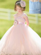 Luxurious Straps Sleeveless Tulle Floor Length Zipper Flower Girl Dresses for Less in Baby Pink with Bowknot and Hand Made Flower