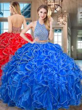 High Quality Royal Blue Backless Halter Top Beading and Ruffled Layers Sweet 16 Dress Organza Sleeveless
