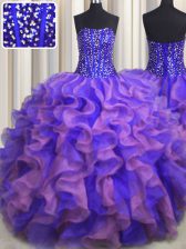 Romantic Visible Boning Bling-bling Sleeveless Organza Floor Length Lace Up 15th Birthday Dress in Multi-color with Beading and Ruffles