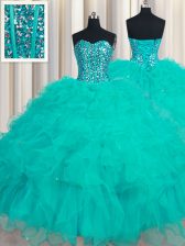  Turquoise Sweetheart Lace Up Beading and Ruffles Quinceanera Dresses Sleeveless