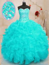  Aqua Blue Sweet 16 Quinceanera Dress Military Ball and Sweet 16 and Quinceanera and Beach with Beading and Ruffles and Sequins Sweetheart Sleeveless Lace Up