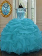 Sweet Baby Blue Sweet 16 Quinceanera Dress Military Ball and Sweet 16 and Quinceanera with Beading and Pick Ups Scoop Sleeveless Lace Up