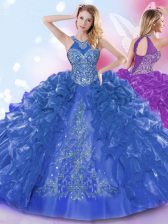 Admirable Halter Top Floor Length Lace Up 15th Birthday Dress Royal Blue for Military Ball and Sweet 16 and Quinceanera with Appliques and Ruffled Layers