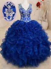 Attractive Royal Blue Backless V-neck Beading and Embroidery and Ruffles Sweet 16 Dress Organza Sleeveless