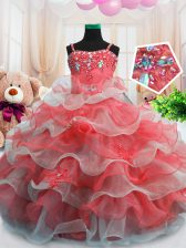 Dazzling Spaghetti Straps Sleeveless Party Dress Wholesale Floor Length Beading and Ruffled Layers Red Organza