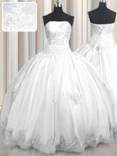  White Ball Gowns Beading and Appliques Quince Ball Gowns Lace Up Taffeta Sleeveless Floor Length