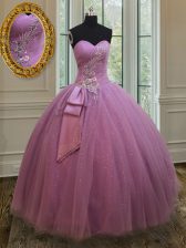 Enchanting Lilac Sleeveless Beading and Belt Floor Length Ball Gown Prom Dress