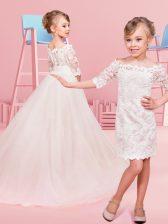 Stylish Tulle and Lace Off The Shoulder Half Sleeves Lace Up Lace Toddler Flower Girl Dress in White