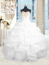 Deluxe White Ball Gowns Organza Sweetheart Sleeveless Beading and Ruffles Floor Length Lace Up 15 Quinceanera Dress