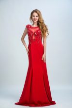  Scoop Red Mermaid Beading Prom Gown Side Zipper Chiffon Sleeveless With Train