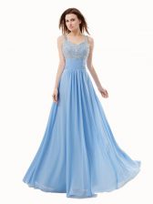 Romantic Chiffon and Sequined Spaghetti Straps Sleeveless Side Zipper Beading Prom Dress in Blue