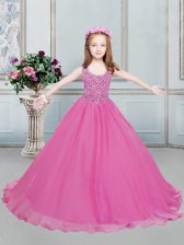 Wonderful Scoop Sleeveless Organza Floor Length Lace Up Little Girl Pageant Dress in Hot Pink with Beading