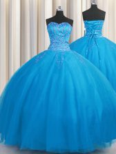 New Style Big Puffy Blue Ball Gowns Tulle Sweetheart Sleeveless Beading Floor Length Lace Up 15 Quinceanera Dress