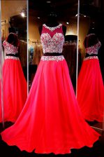 Perfect Scoop Beading Prom Evening Gown Red Backless Sleeveless With Train Sweep Train