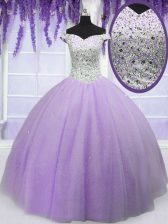  Off The Shoulder Short Sleeves Tulle Sweet 16 Dress Beading Lace Up