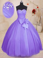 Beauteous Tulle Sweetheart Sleeveless Lace Up Beading and Bowknot Quince Ball Gowns in Lavender