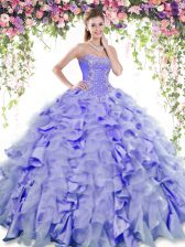 Affordable Lavender Ball Gowns Beading and Ruffles Sweet 16 Dresses Lace Up Organza and Taffeta Sleeveless Floor Length
