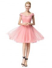  Off The Shoulder Cap Sleeves Prom Party Dress Knee Length Belt Pink Tulle