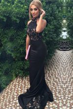  Mermaid Black Evening Dress Prom with Lace and Appliques High-neck Sleeveless Sweep Train Zipper