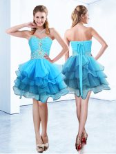 Stylish Sleeveless Organza Mini Length Lace Up Homecoming Dress in Blue with Beading and Ruffled Layers